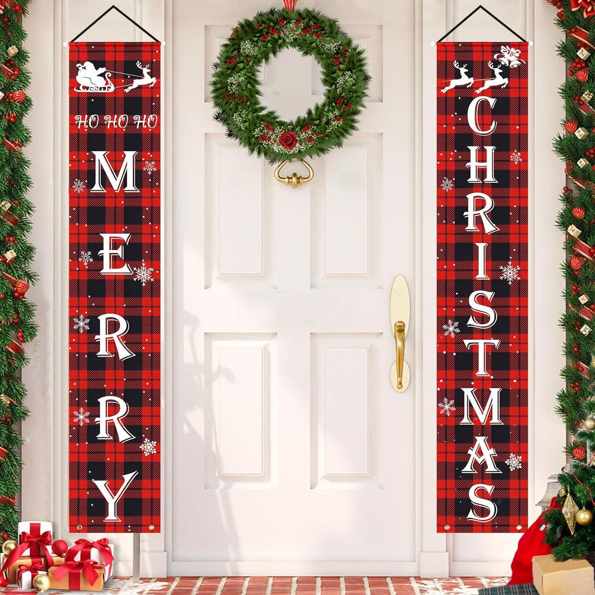 Christmas Door Banner Red Black Buffalo Plaid Sign Set Merry Christmas | Outdoor Yard & Front Porch | Indoor