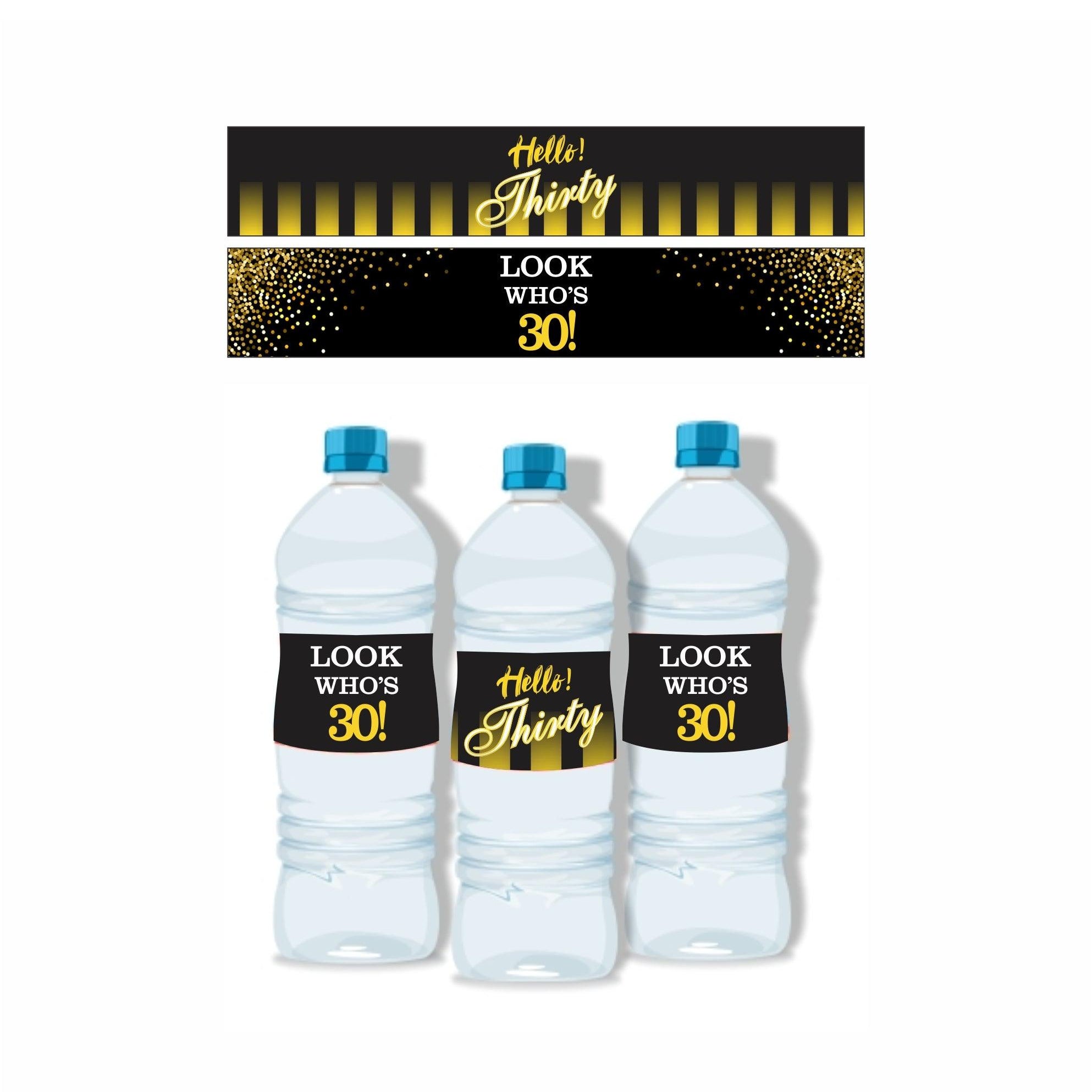 Gold and Black 30th Birthday Theme Water Bottle Labels THEME PARTIES Pretty UR Party