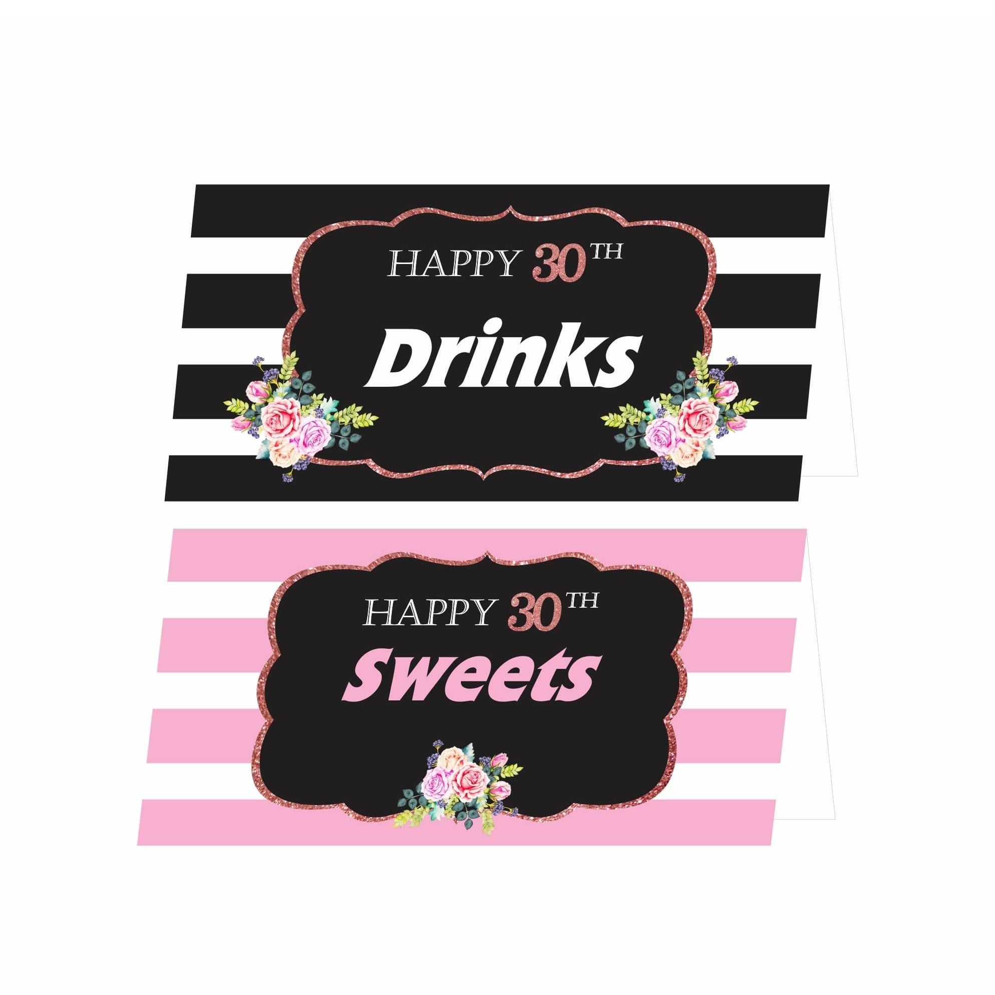 Pink and Black 30th Birthday Food Labels / Buffet Table Cards THEME PARTIES Pretty UR Party