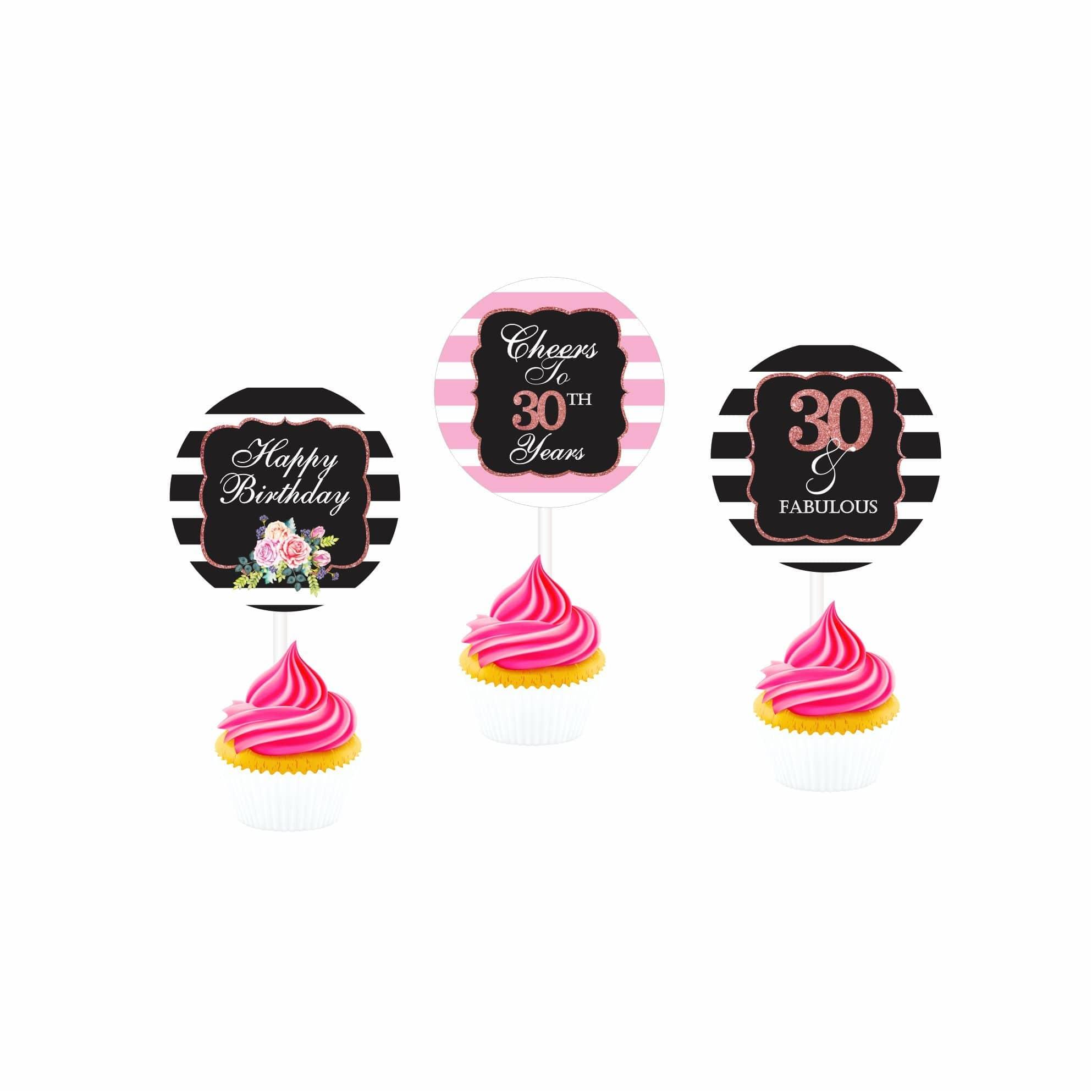 Pink and Black 30th Birthday Theme Cupcake / Food Toppers THEME PARTIES Pretty UR Party