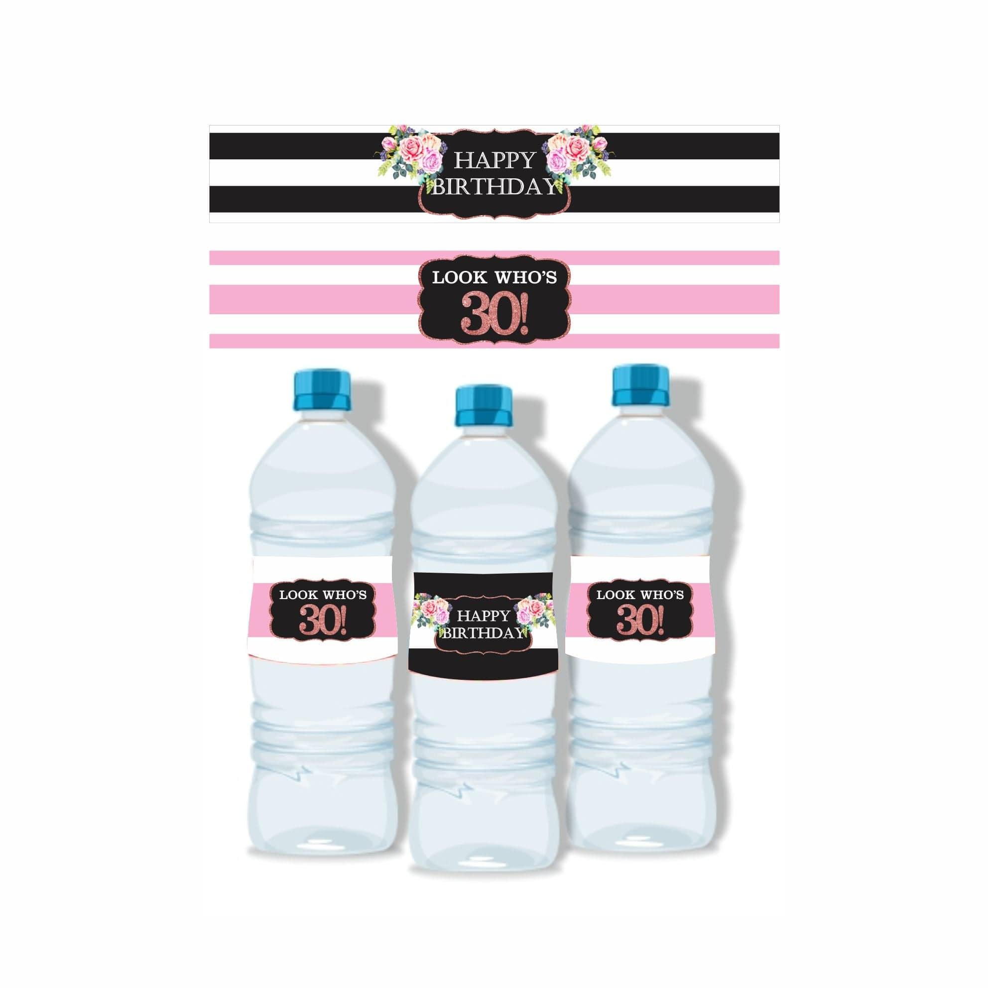 Pink and Black 30th Birthday Theme Water Bottle Labels THEME PARTIES Pretty UR Party