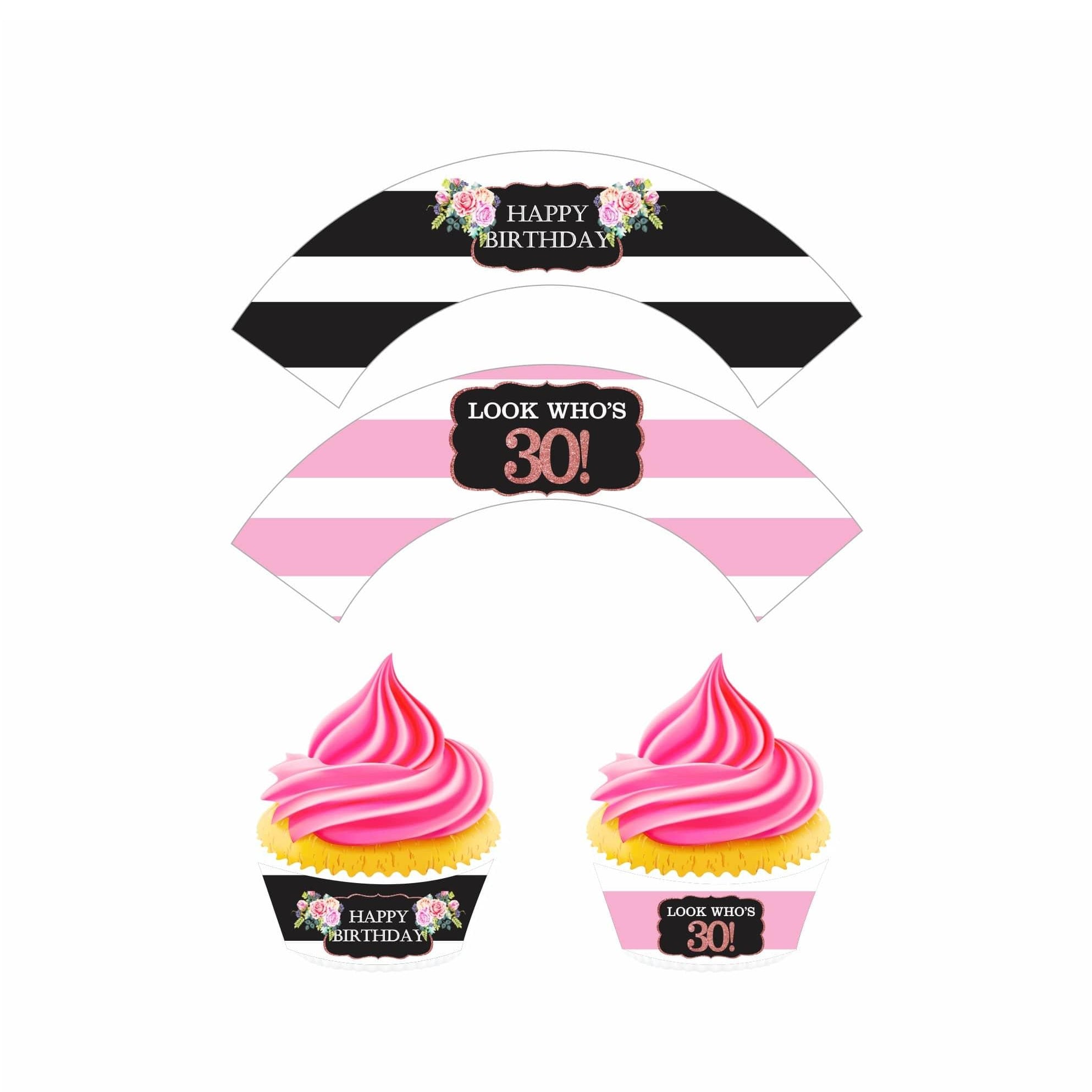 Pink and Black 30th Birthday Theme Cupcake Wrappers THEME PARTIES Pretty UR Party