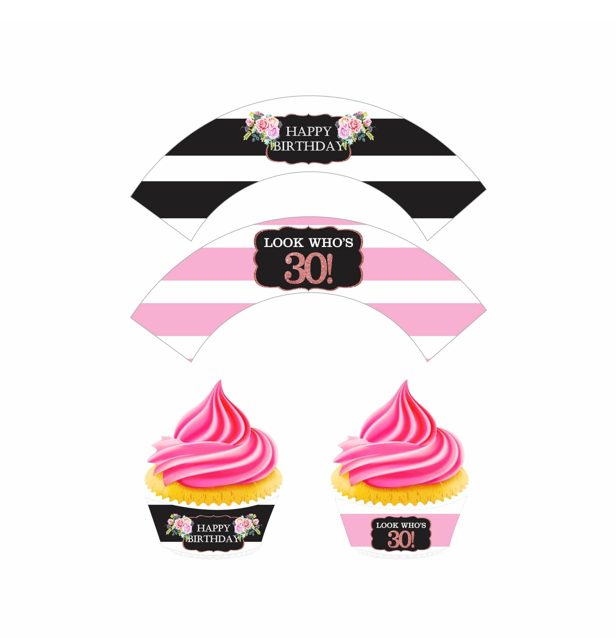 Pink and Black 30th Birthday Theme Cupcake Wrappers THEME PARTIES Pretty UR Party