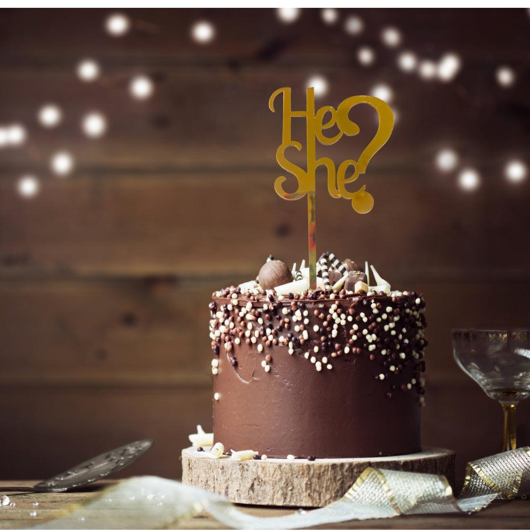 He or She? Cake Topper - Acrylic Gold ALL PARTY SUPPLIES Pretty UR Party