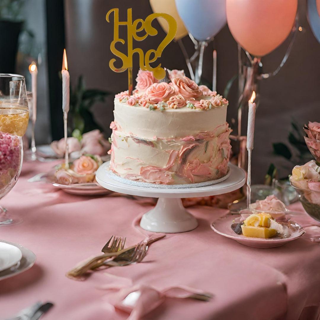 He or She? Cake Topper - Acrylic Gold ALL PARTY SUPPLIES Pretty UR Party