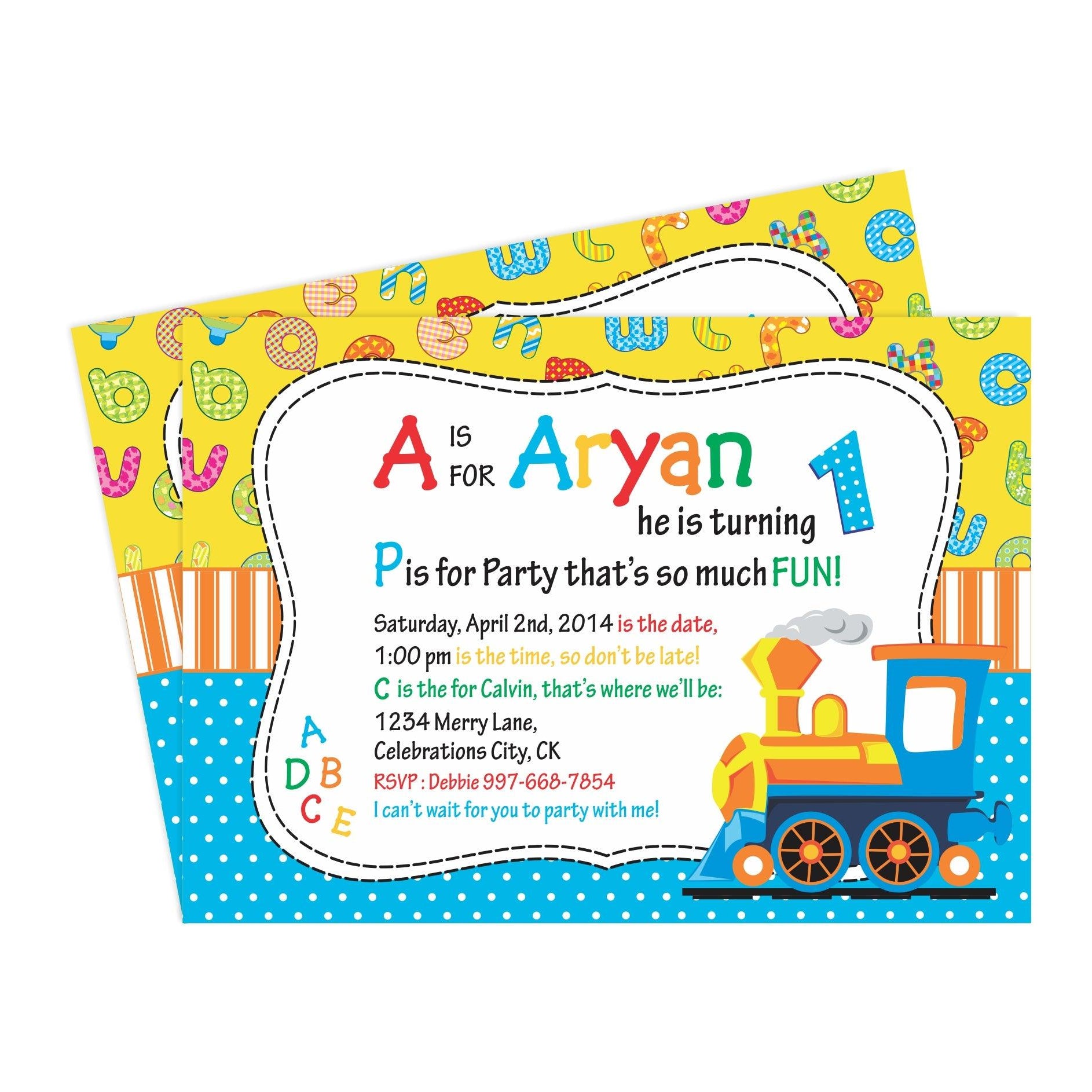 Alphabets and Train E-Invitations THEME PARTIES Pretty UR Party