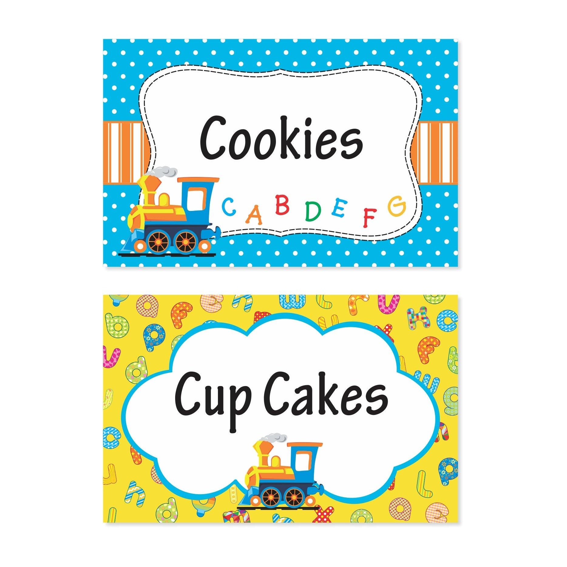 Alphabets and Train theme Food Labels / Buffet Table Cards THEME PARTIES Pretty UR Party