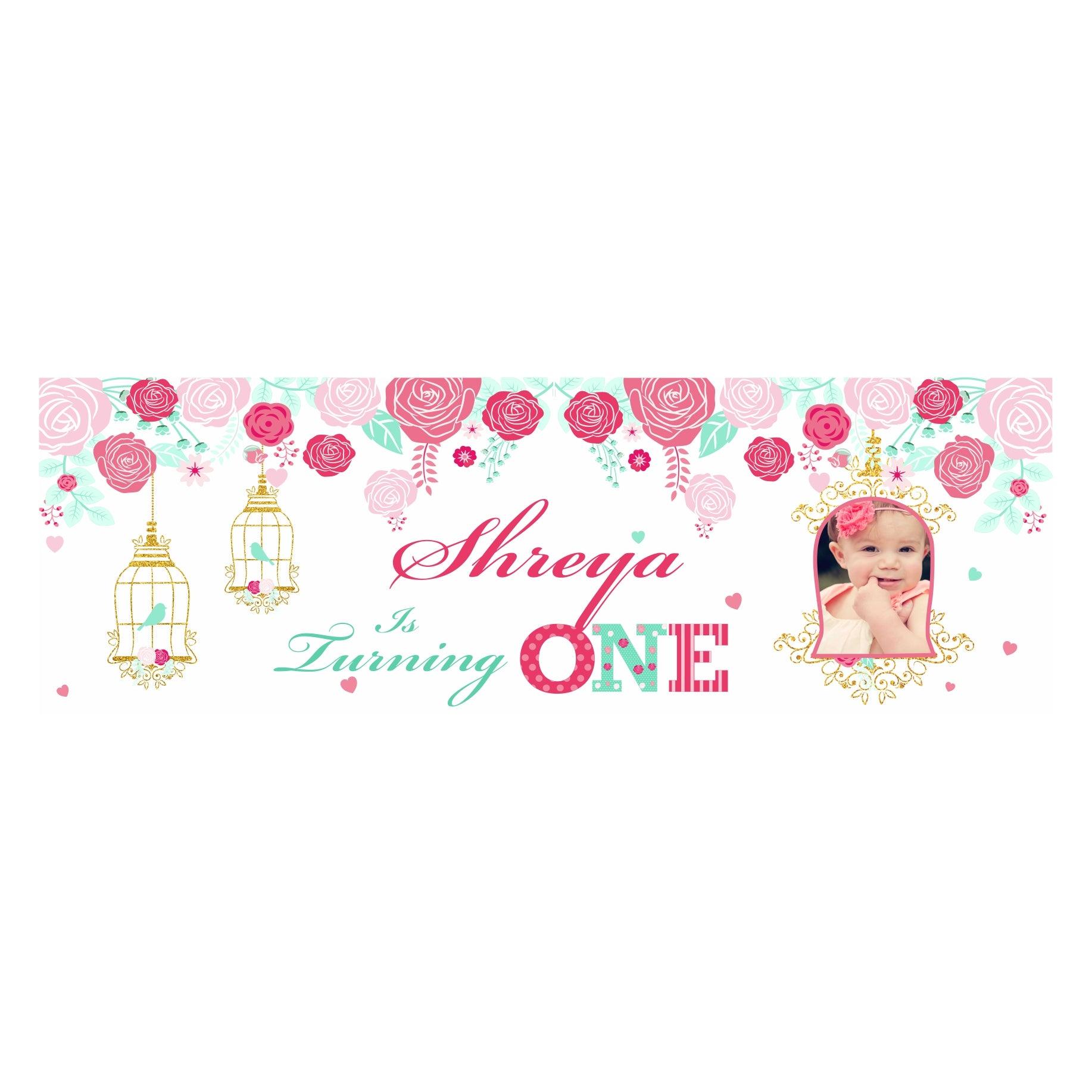 Personalized Mint and Pink Floral 1st Birthday Theme Banner 30in ALL PARTY SUPPLIES Pretty UR Party