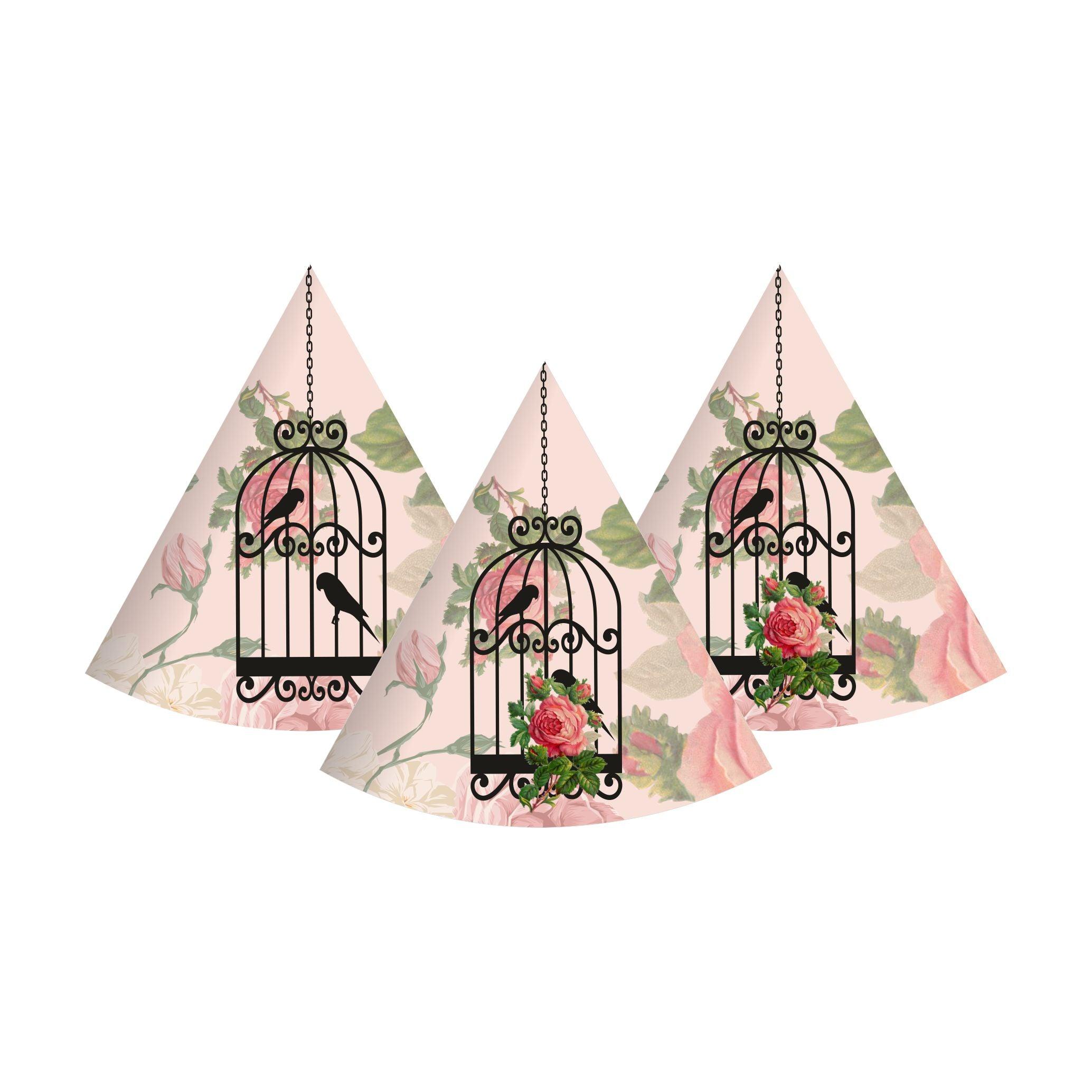 Pink Floral and Bird Cage Party Hats - Pack of 10 THEME PARTIES Pretty UR Party