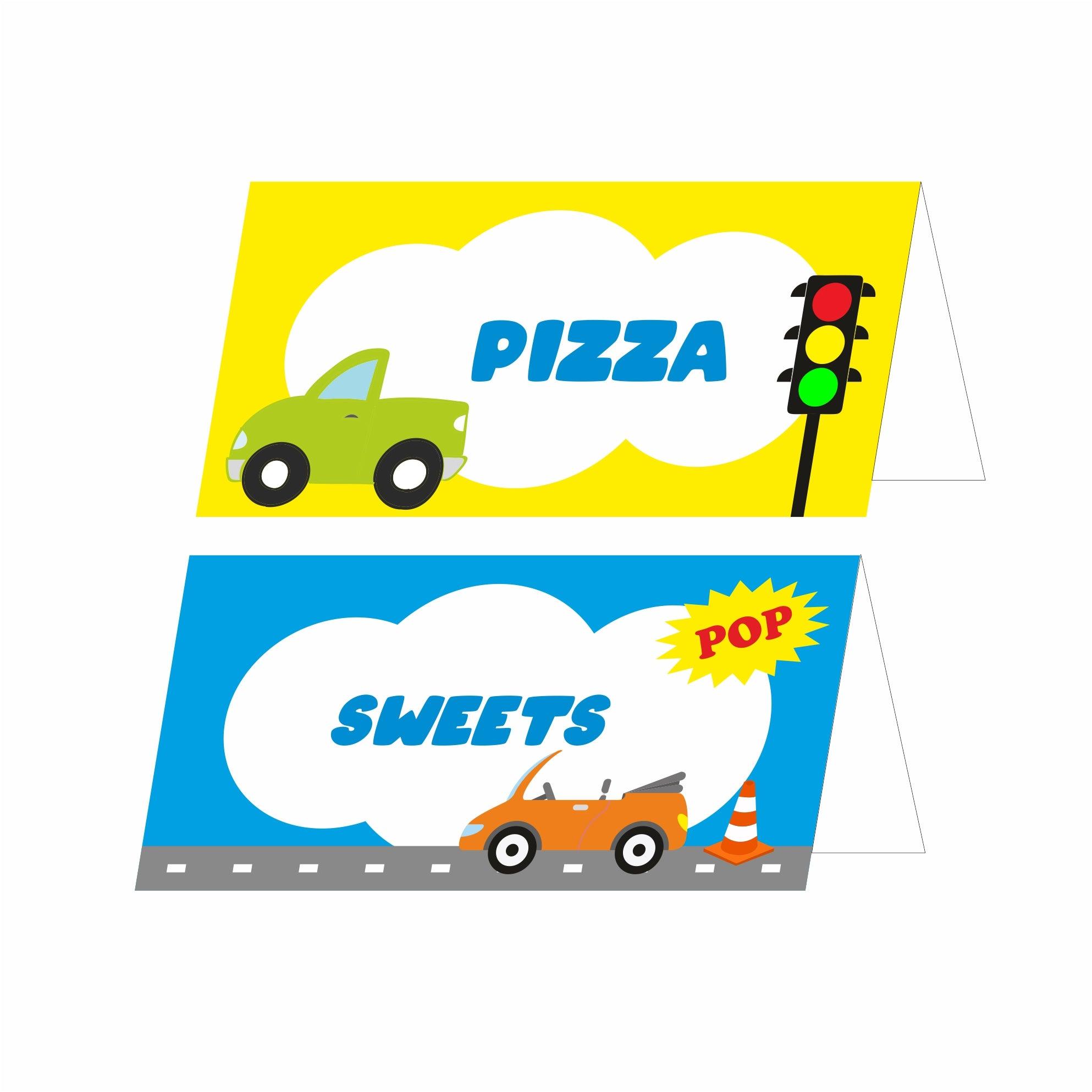 Colorful Cars Theme Food Labels / Buffet Table Cards THEME PARTIES Pretty UR Party