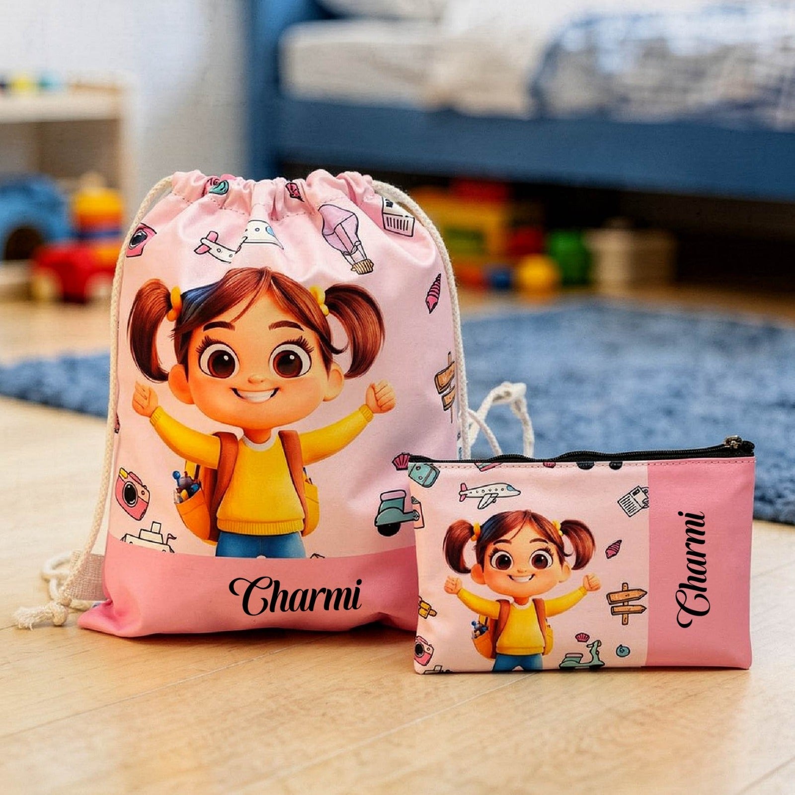 Personalised Kids Drawstring Bag with Pouch Personalised Kids Drawstring Bag with Pouch