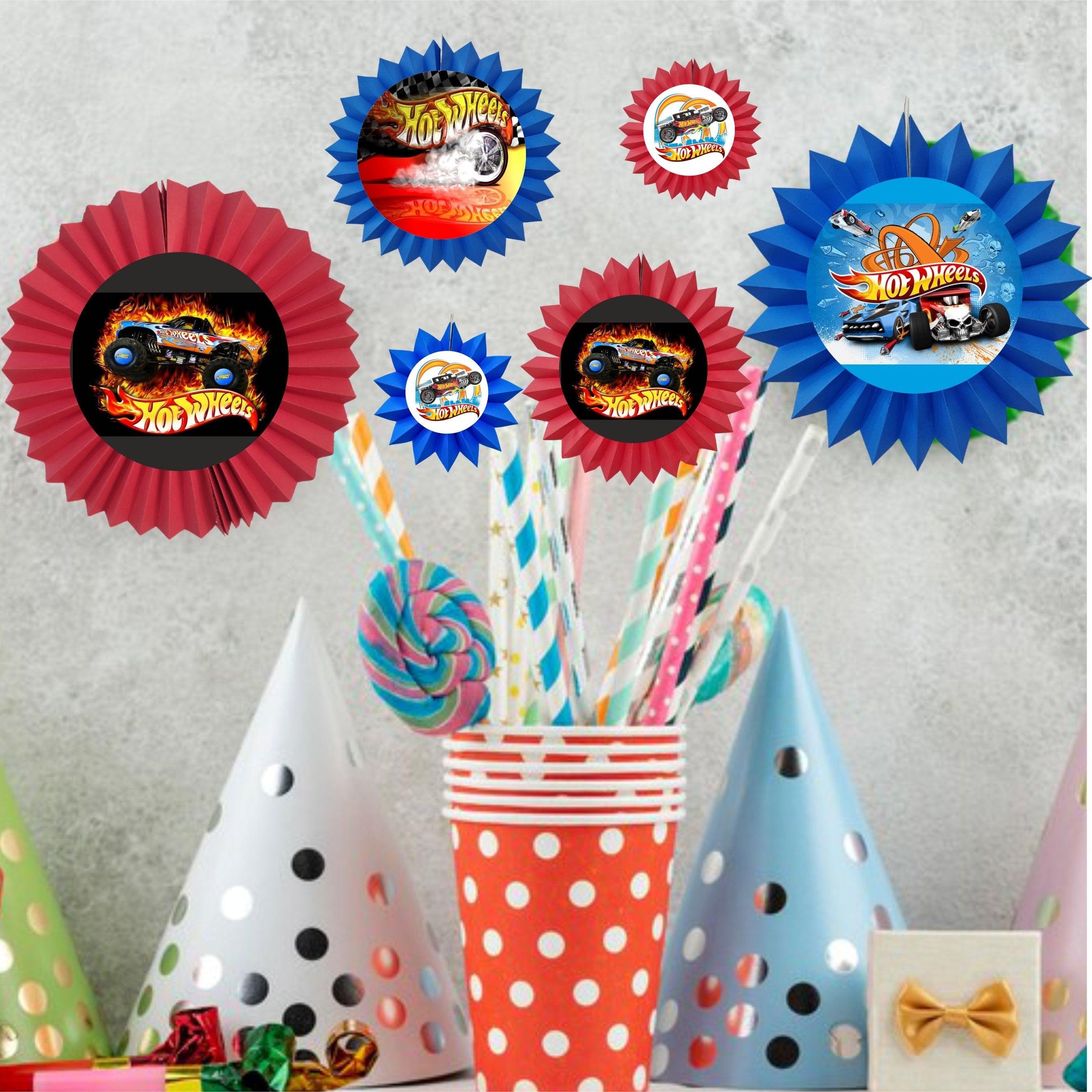 Hot Wheels Paper Fans - Set of 6 DECORATIONS Pretty UR Party