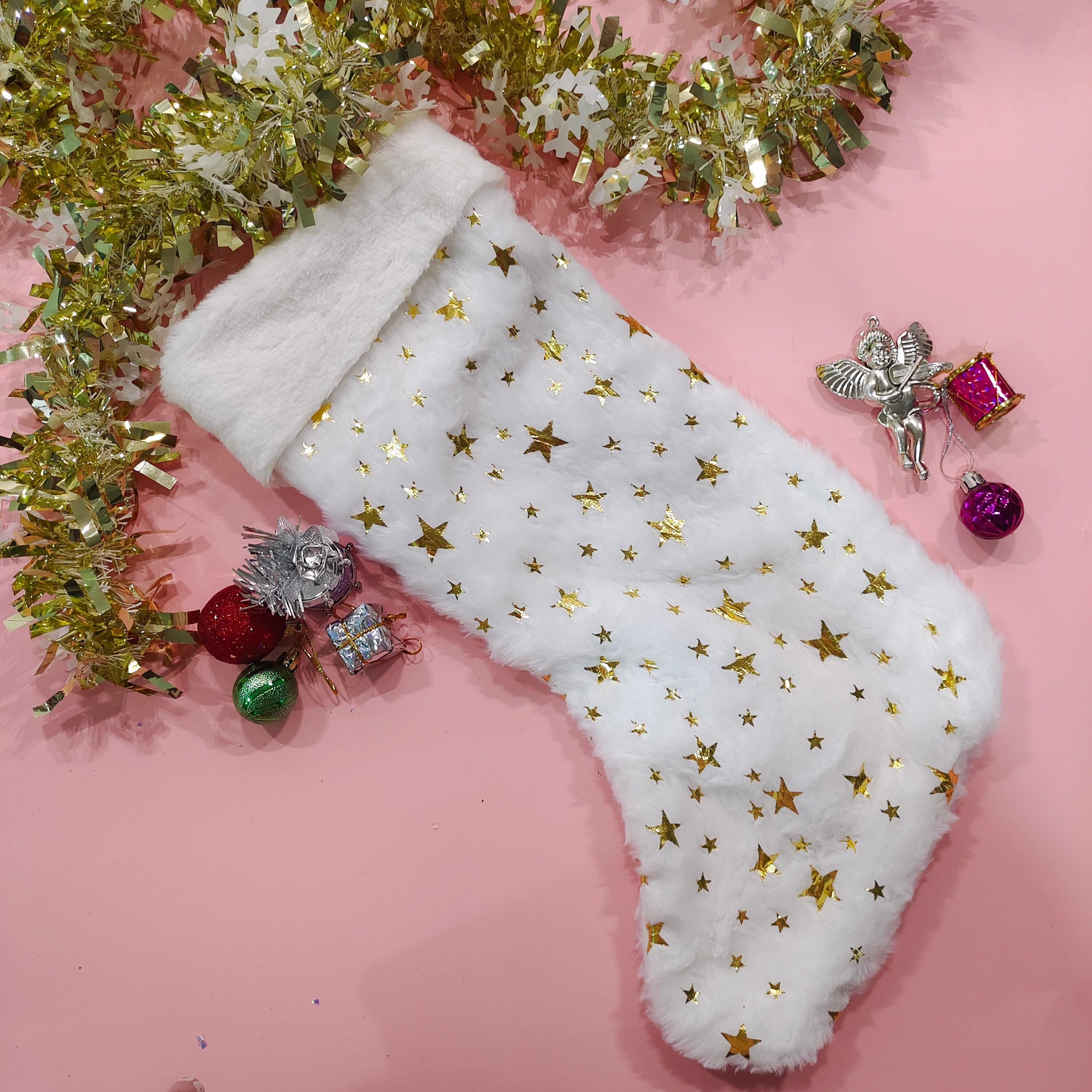 Christmas Stocking White | Large Xmas Glitter Star Plush Hanging Stocking Decoration- Pack of 1 DECORATIONS Pretty UR Party