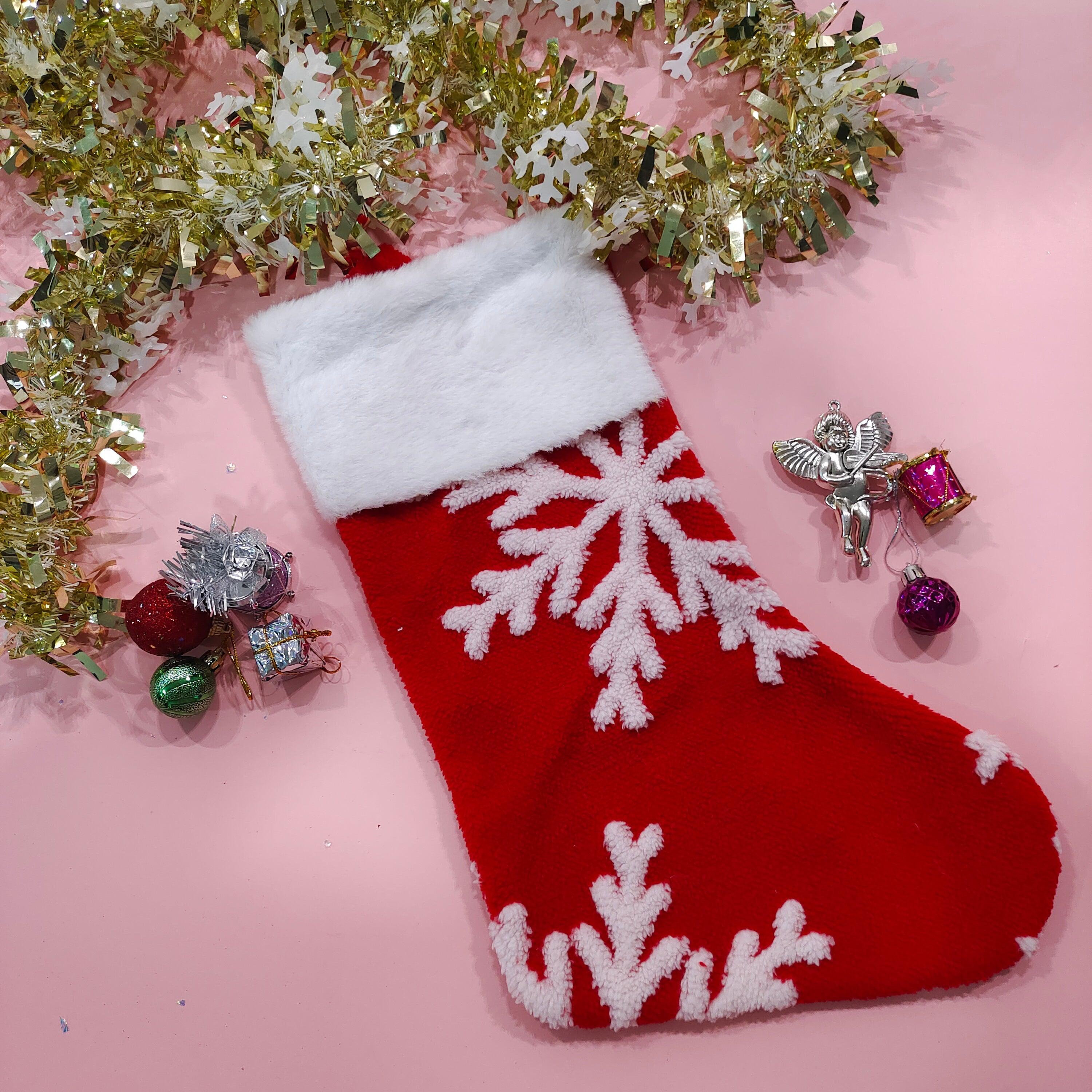 Christmas Stocking Red | Large Xmas Snowflake Plush Hanging Stocking Decoration- Pack of 1 DECORATIONS Pretty UR Party