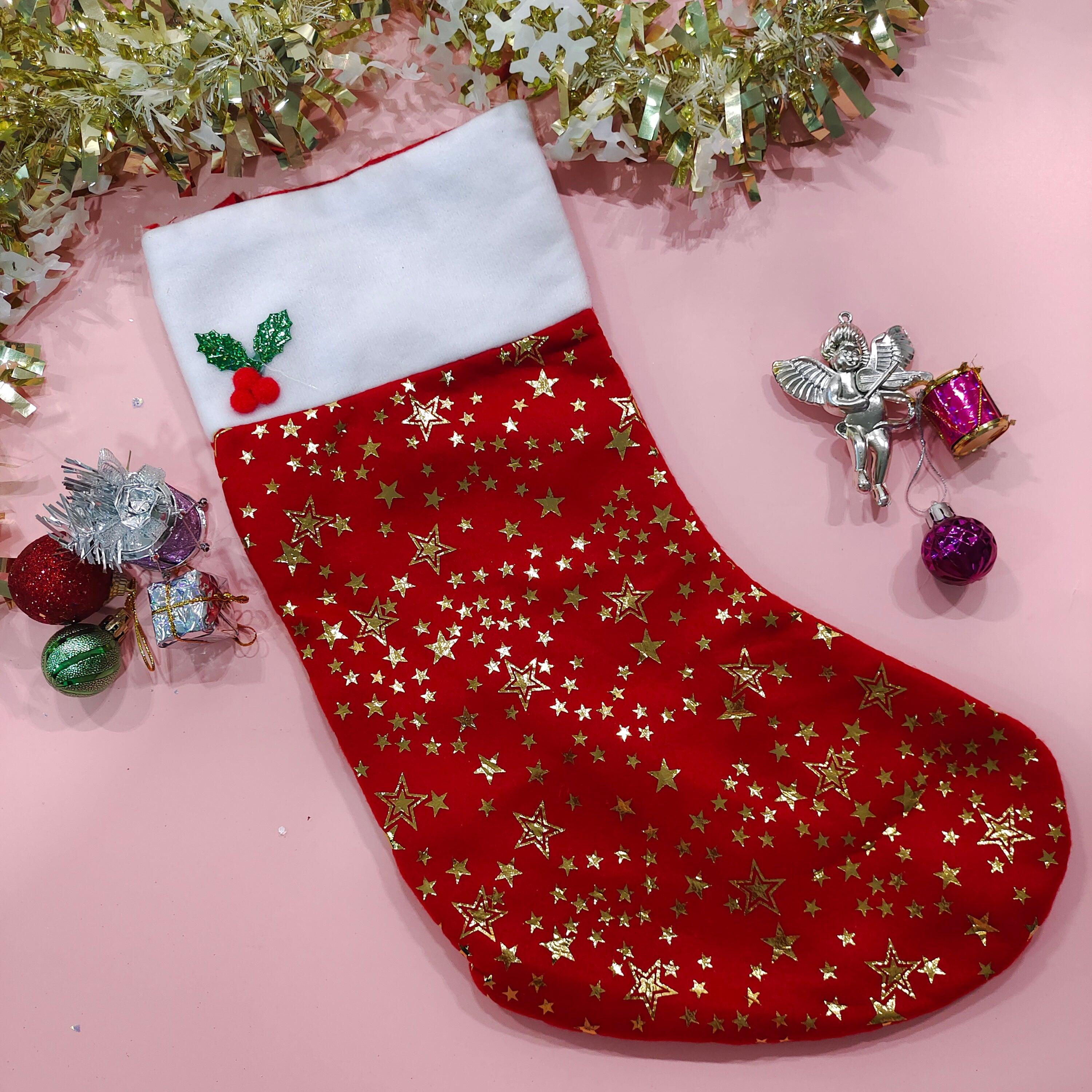 Christmas Stocking Red | Large Xmas Glitter Star Plush Hanging Stocking Decoration- Pack of 1 DECORATIONS Pretty UR Party