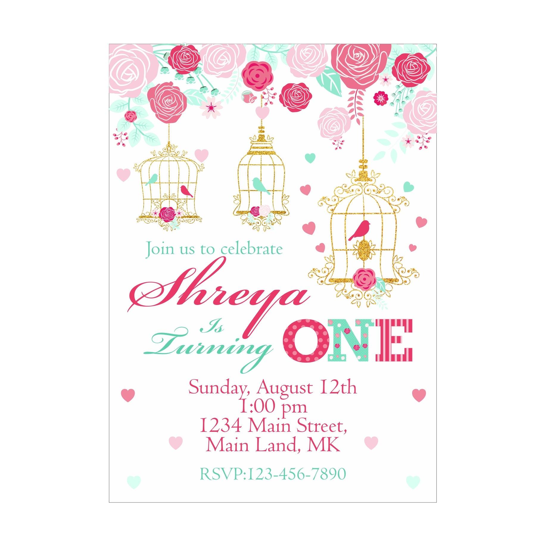 Mint and Pink Floral 1st Birthday Theme E-Invitations ALL PARTY SUPPLIES Pretty UR Party