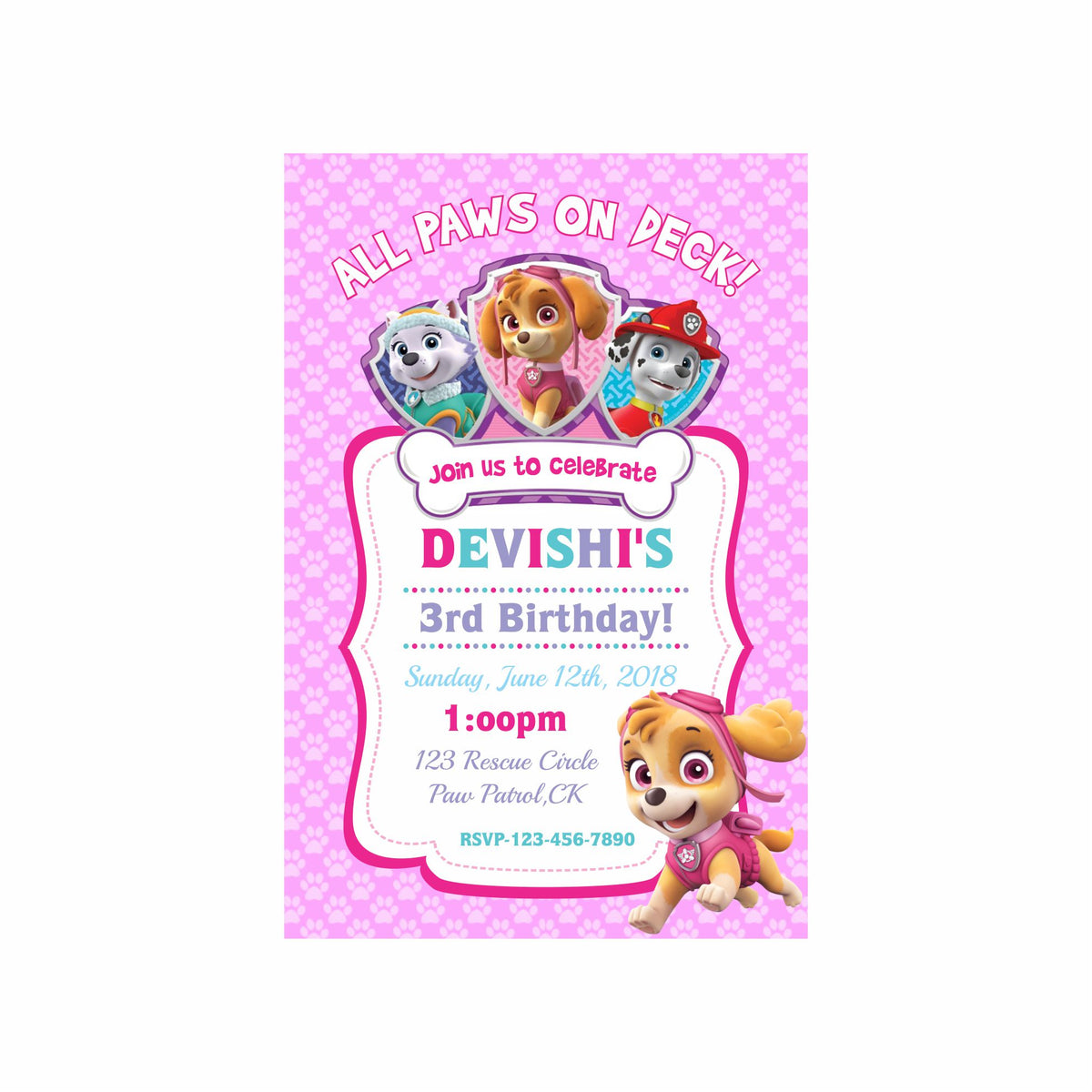 Paw Patrol Pink Theme Invitations