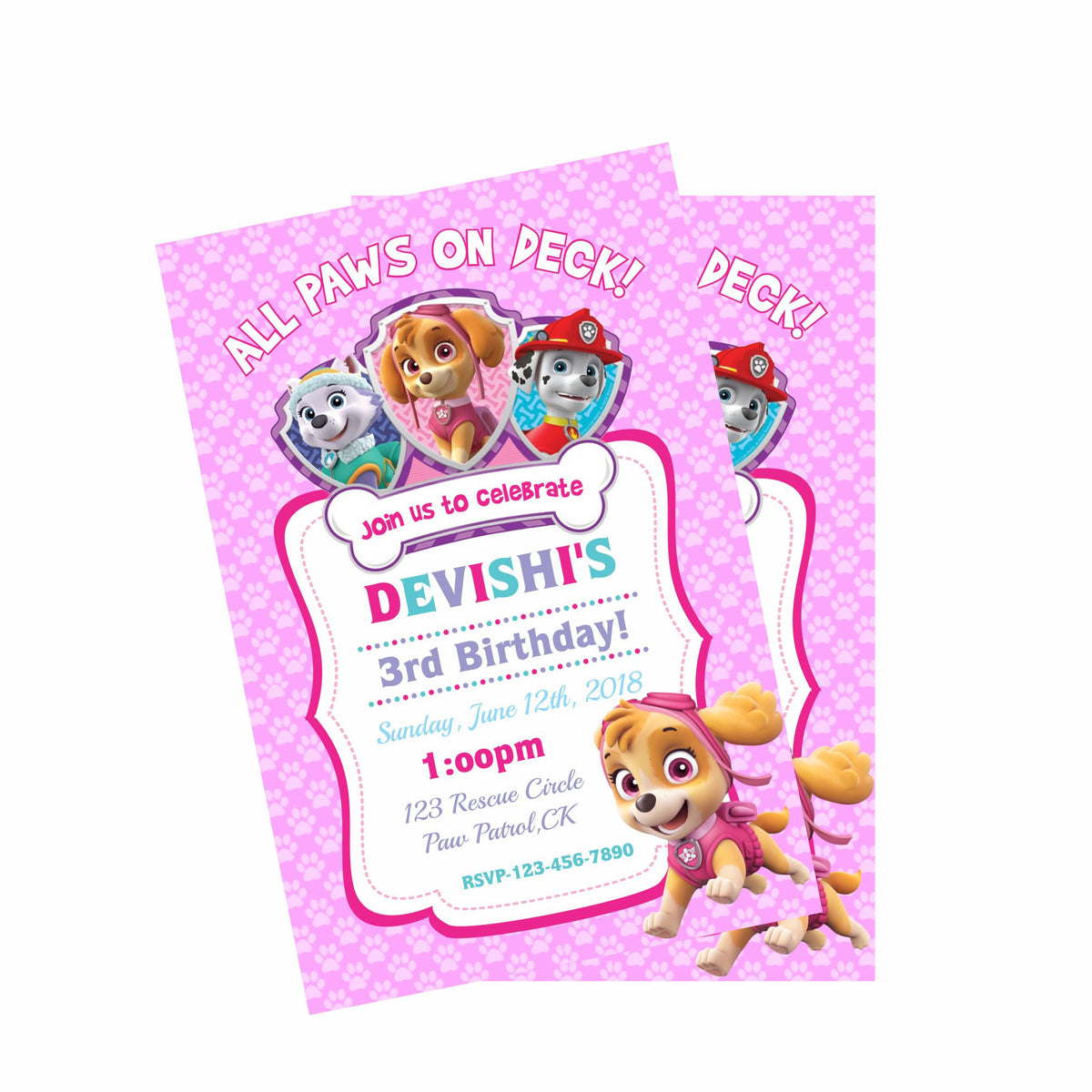 Paw Patrol Pink Theme Invitations — image 2