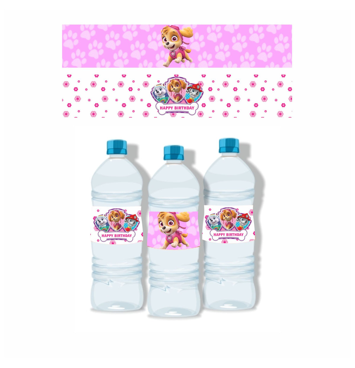 Paw Patrol Pink Theme Water Bottle Labels