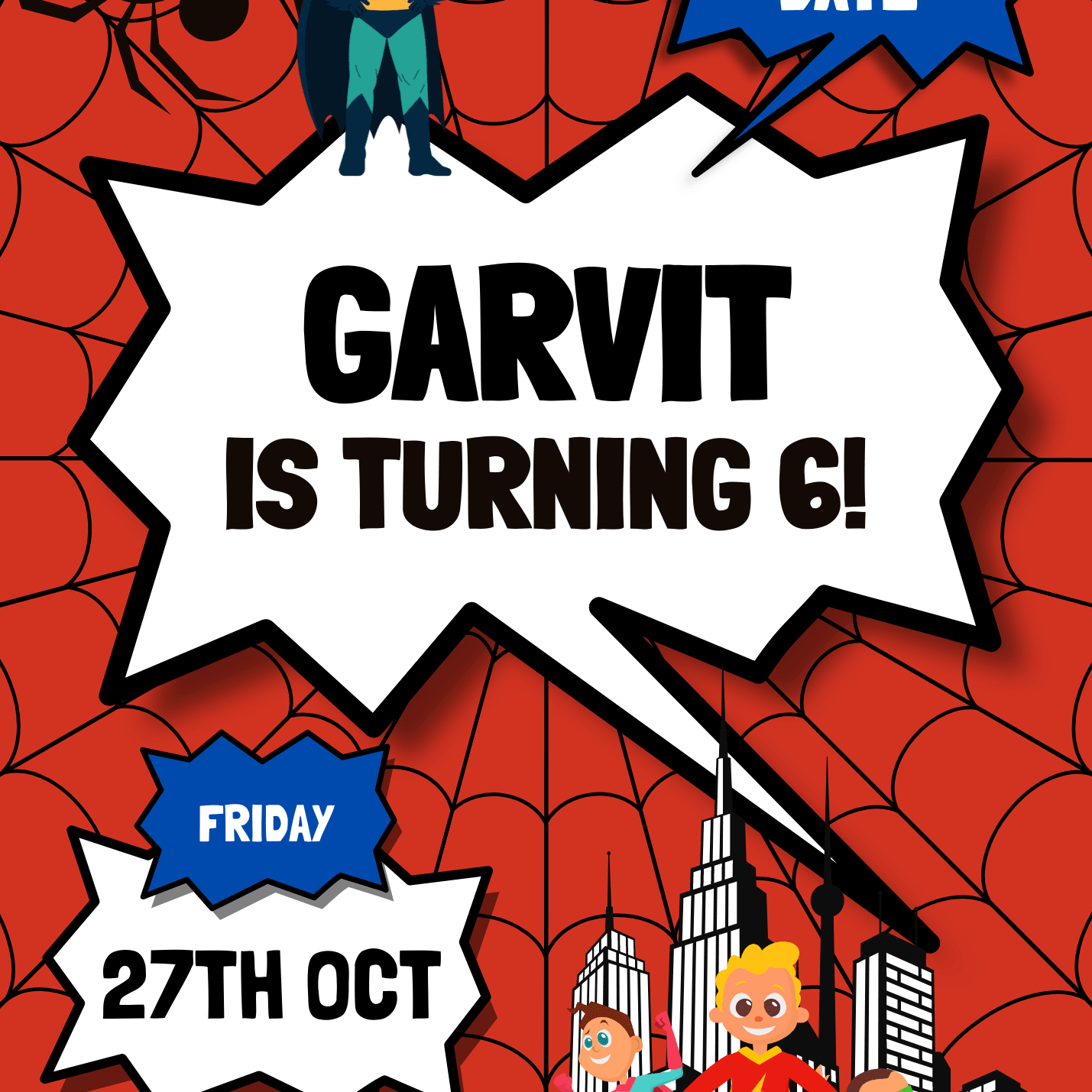 Superhero theme save the date E-card INVITATIONS Pretty UR Party