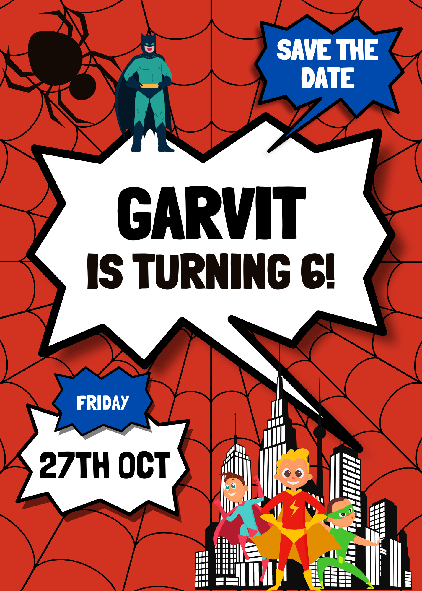 Superhero theme save the date E-card INVITATIONS Pretty UR Party