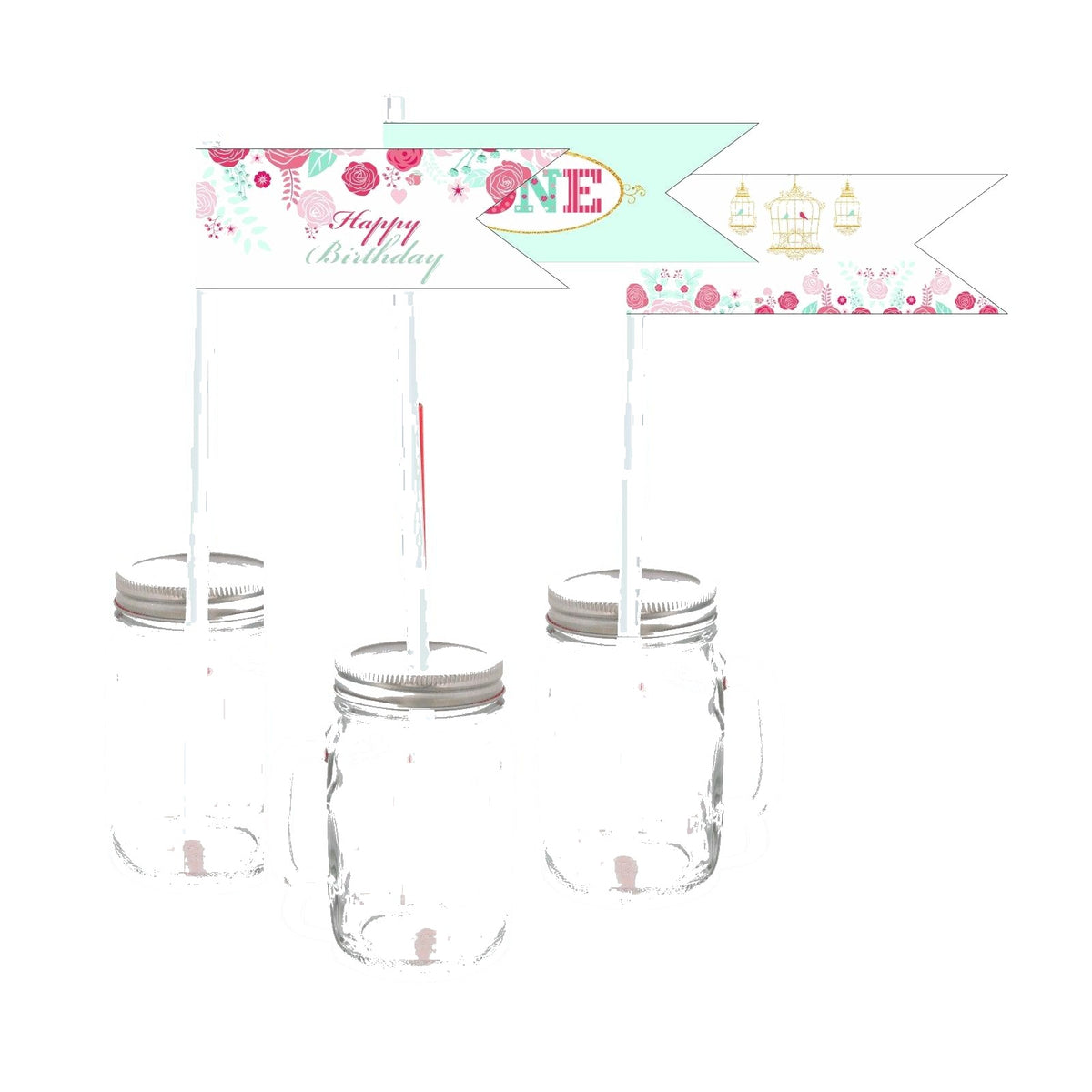 Mint and Pink Floral 1st Birthday Theme Drink Straws