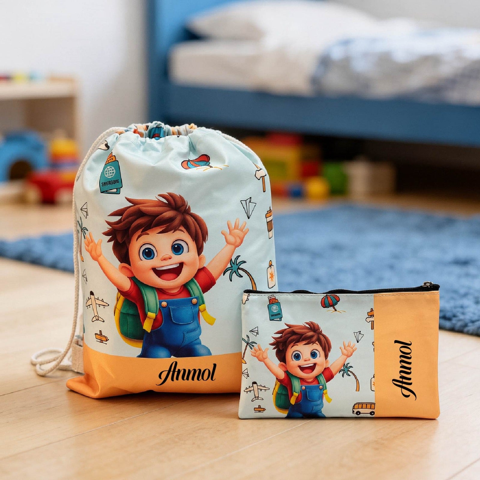 Personalised Kids Drawstring Bag with Pouch Personalised Kids Drawstring Bag with Pouch