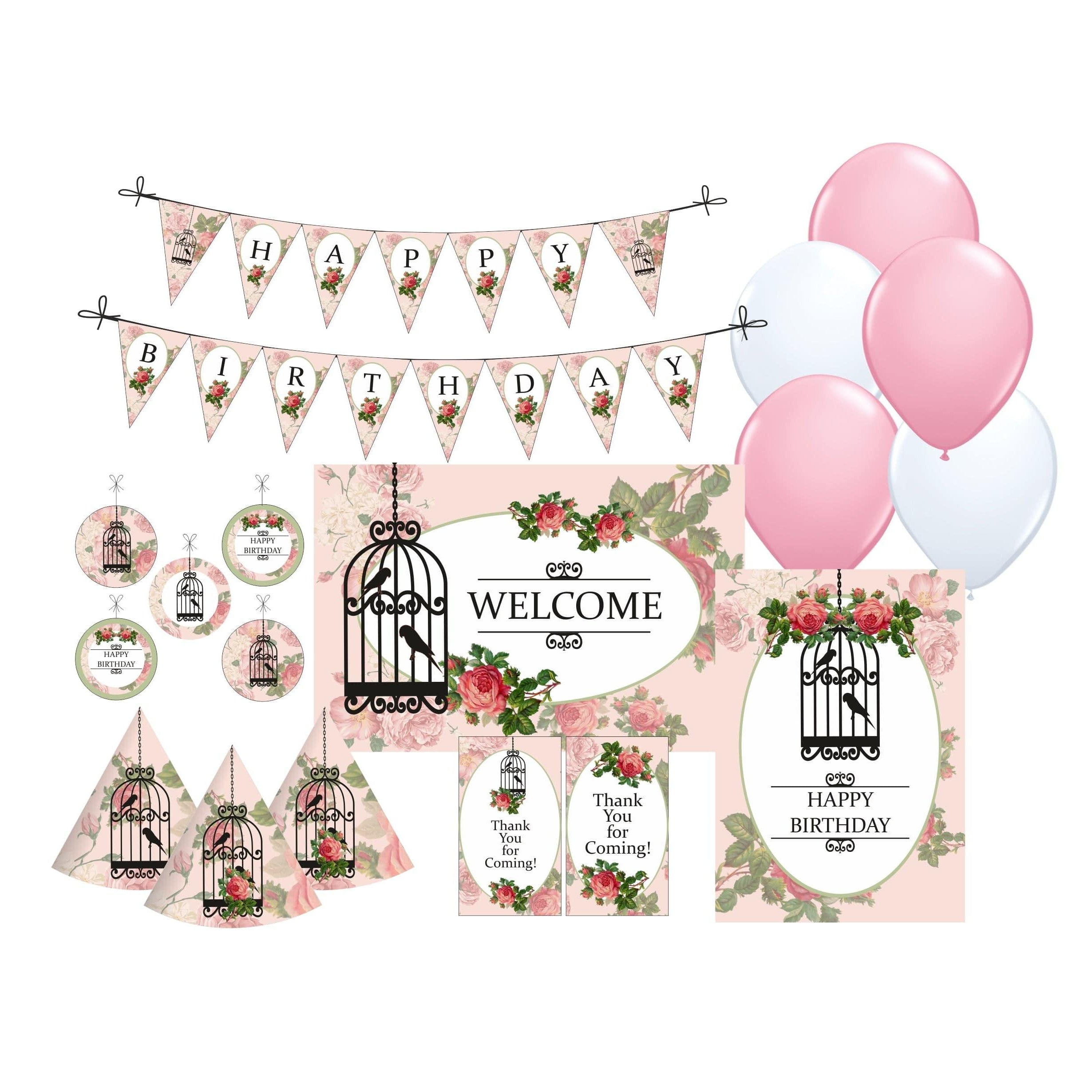 Pink Floral and Bird Cage Party Decorations kit - 80 pieces Combo Pack THEME PARTIES Pretty UR Party