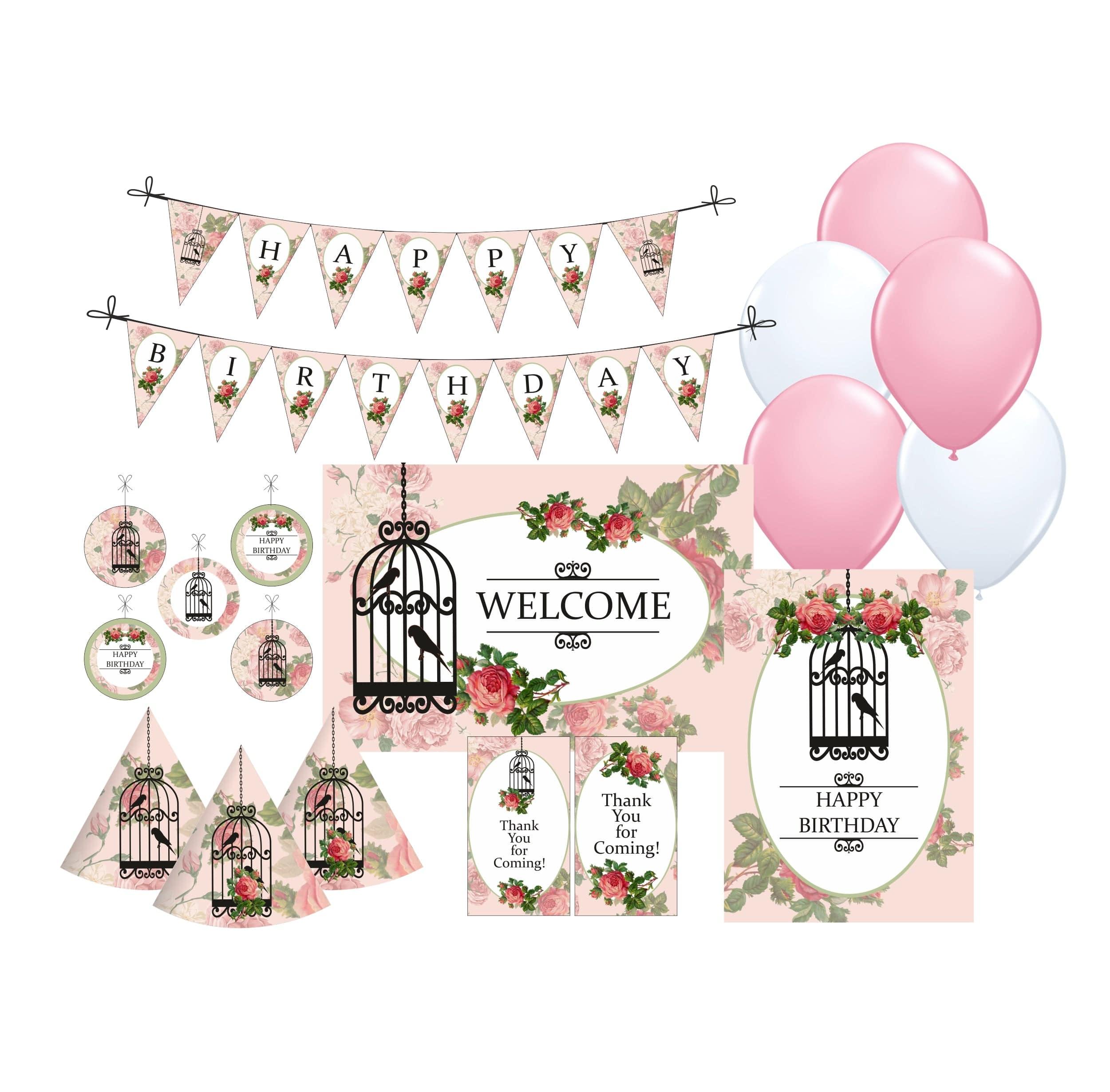Pink Floral and Bird Cage Party Decorations kit - 80 pieces Combo Pack THEME PARTIES Pretty UR Party
