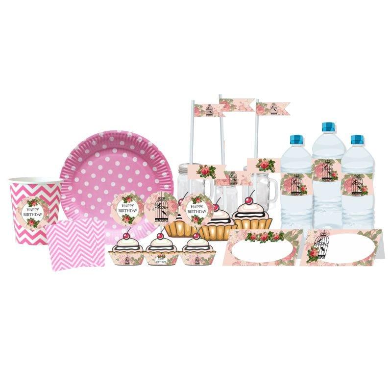 Pink Floral and Bird Cage Tableware Package BIRTHDAYS Pretty UR Party