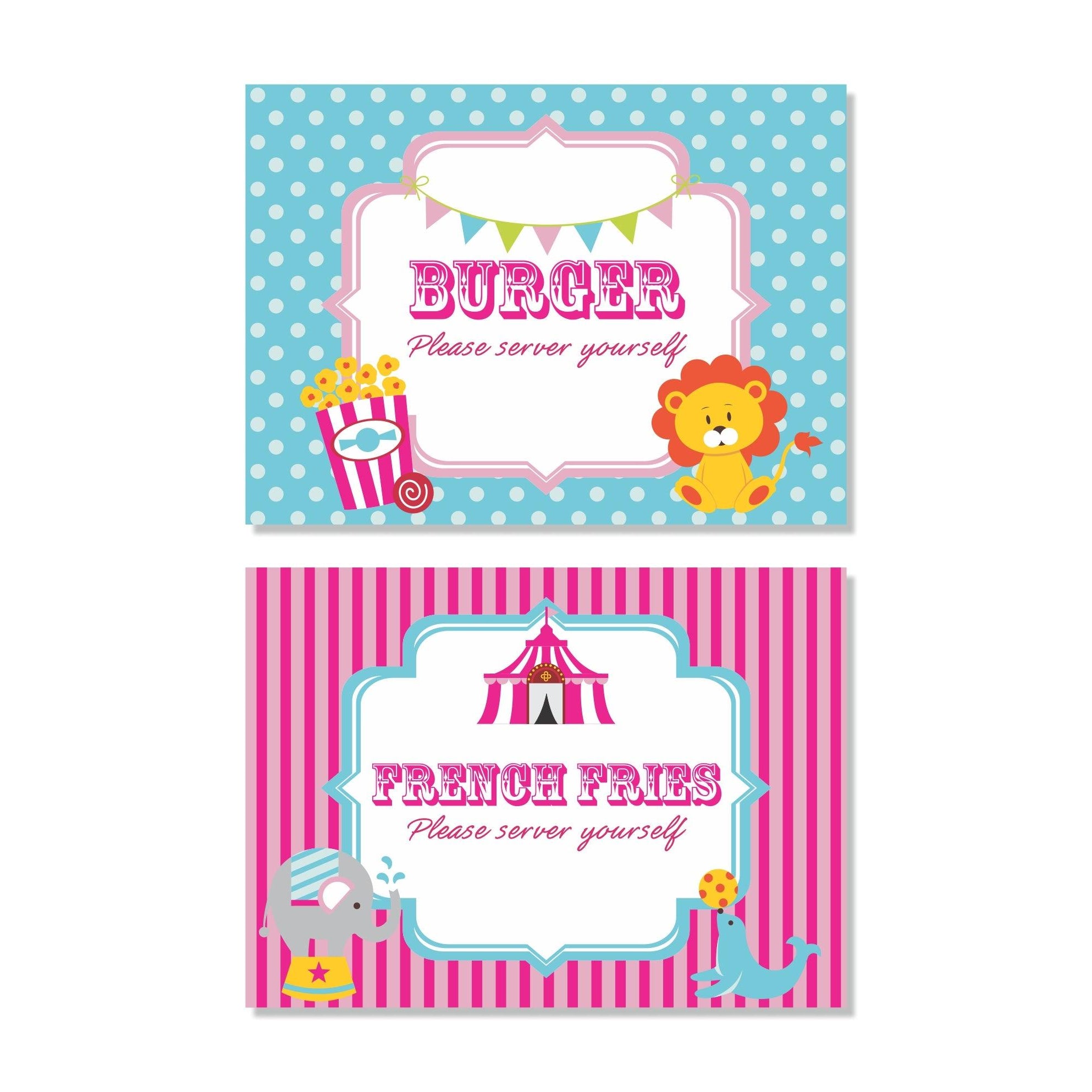 Girly Carnival Food Labels / Buffet Table Cards THEME PARTIES Pretty UR Party