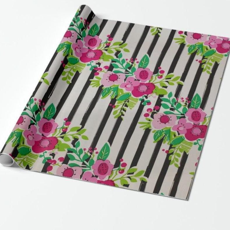 Black Stripes with Flowers Wrapping Paper (Pack of 5) ACCESSORIES Pretty UR Party
