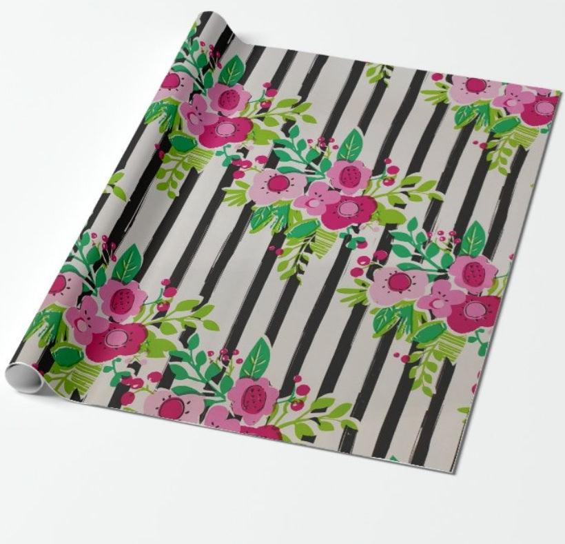 Black Stripes with Flowers Wrapping Paper (Pack of 5) ACCESSORIES Pretty UR Party