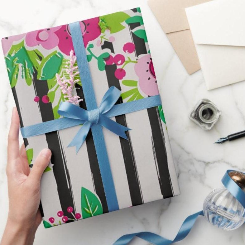 Black Stripes with Flowers Wrapping Paper (Pack of 5) ACCESSORIES Pretty UR Party
