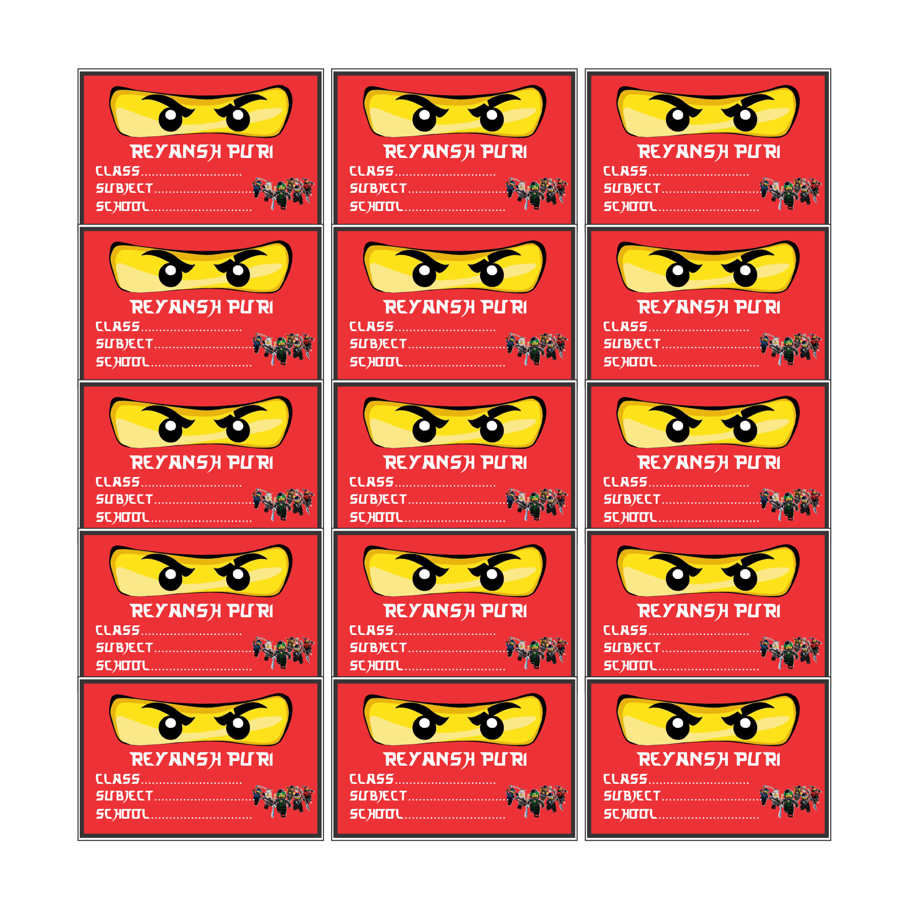 Ninjago Book Name Labels PERSONALISED Pretty UR Party