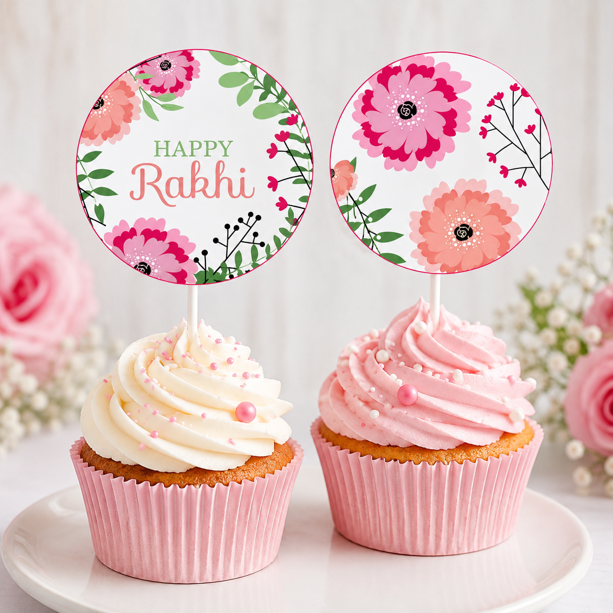 Pink Floral Rakhi Cupcake / Food Toppers Pink Floral Rakhi Cupcake / Food Toppers
