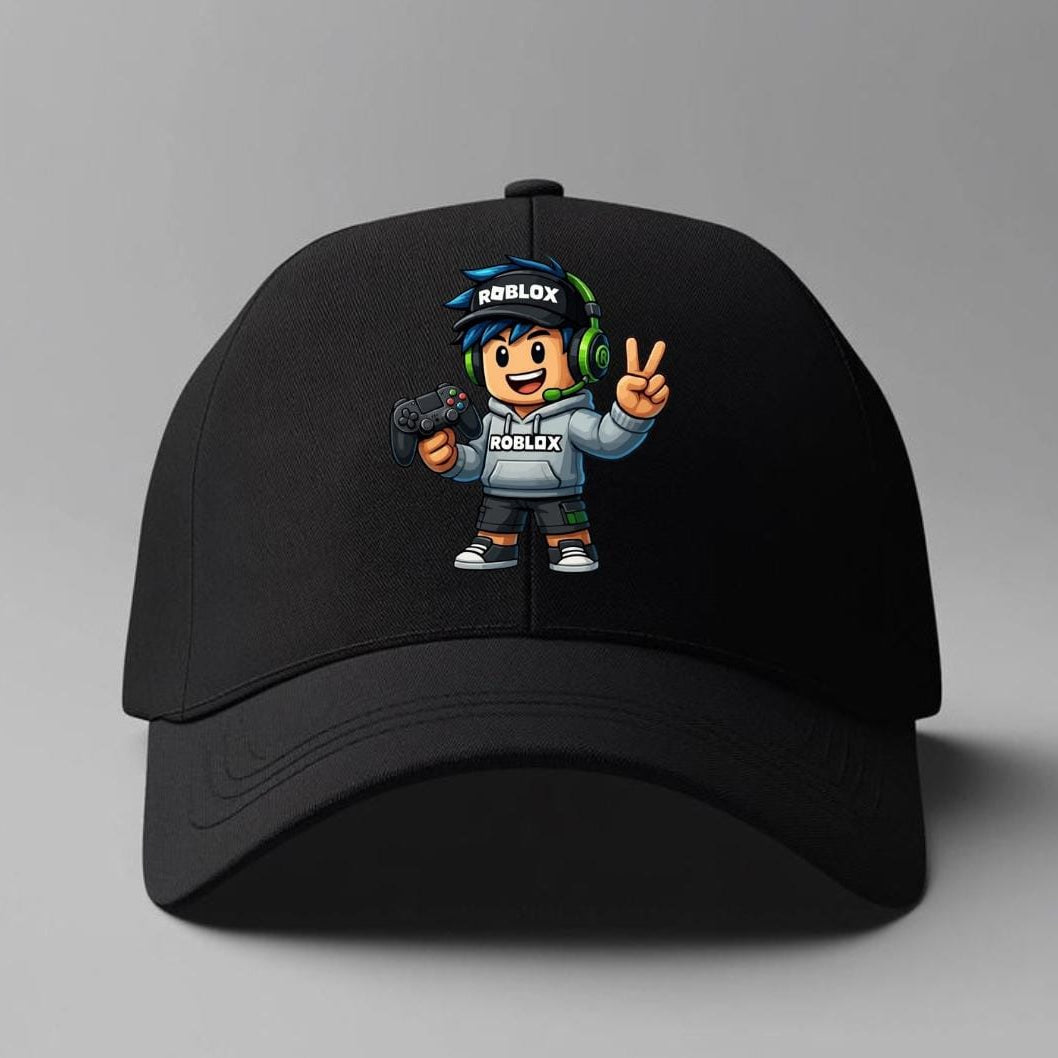Black cap with a Roblox character design on a gray background Black cap with a Roblox character design on a gray background