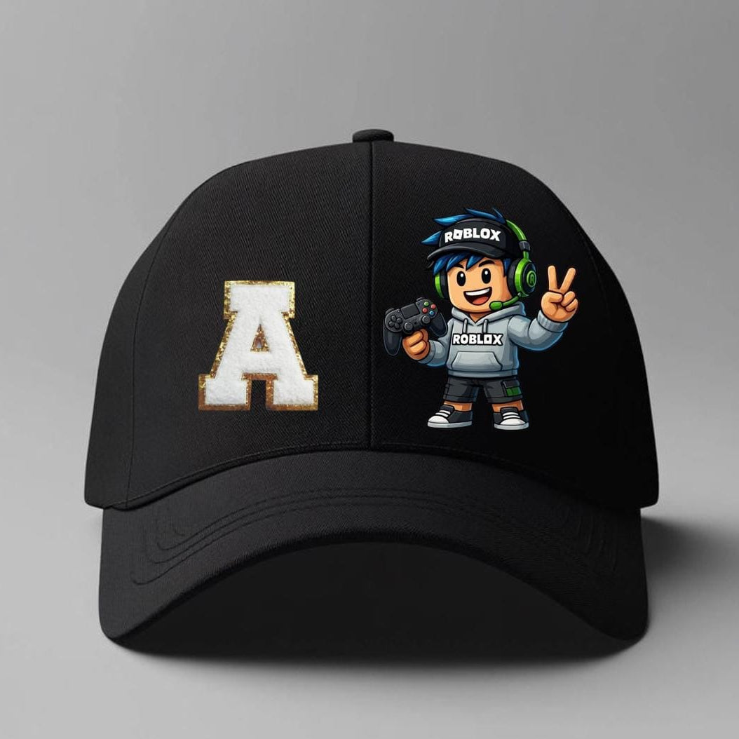 Black cap with 'A' logo and Roblox character on a gray background Black cap with 'A' logo and Roblox character on a gray background