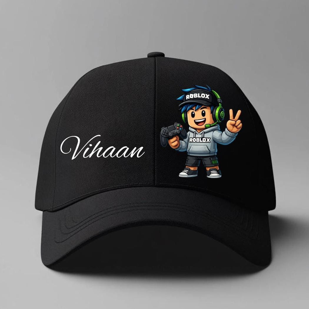 Black cap with a Roblox character and name on a gray background Black cap with a Roblox character and name on a gray background