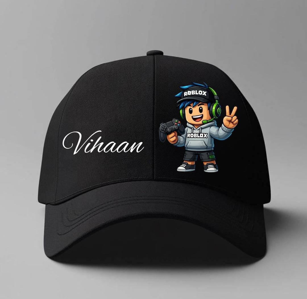 Black cap with a Roblox character and name on a gray background Black cap with a Roblox character and name on a gray background