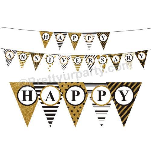 Gold Glitter and Black Happy Anniversary Bunting THEME PARTIES Pretty UR Party Default Title