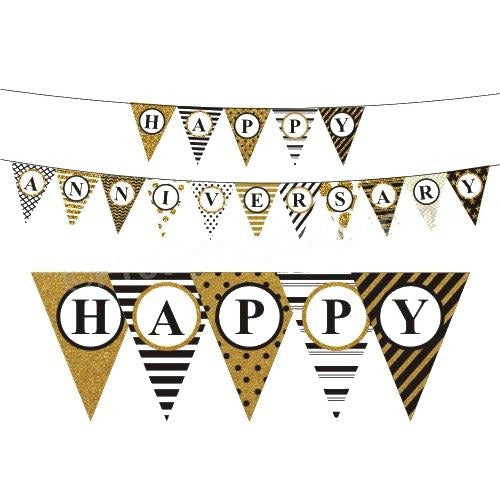 Gold Glitter and Black Happy Anniversary Bunting