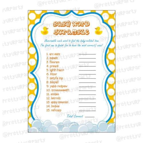 Rubber duck  Baby Word Scramble Game BABY SHOWER Pretty UR Party