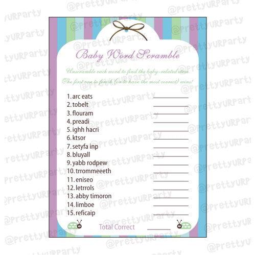 Blue & purple Baby Word Scramble Game BABY SHOWER Pretty UR Party