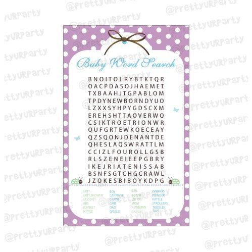 Blue & purple Baby Word Search Game BABY SHOWER Pretty UR Party