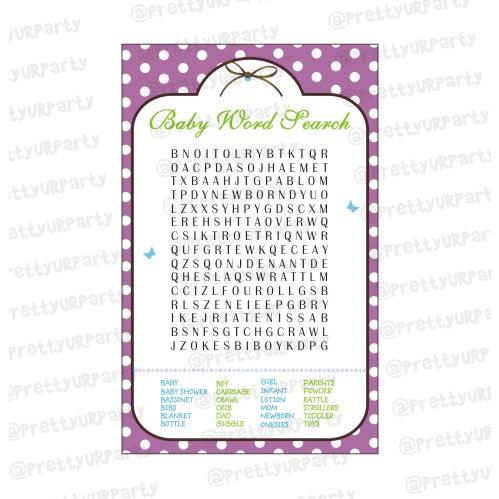 Green & Purple Baby Word Search Game BABY SHOWER Pretty UR Party