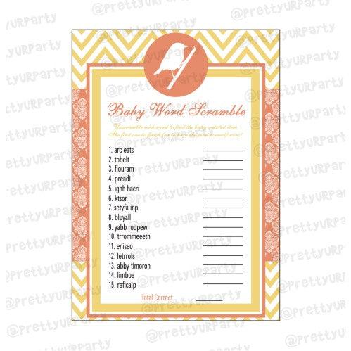 Little Bird Baby Word Scramble Game BABY SHOWER Pretty UR Party