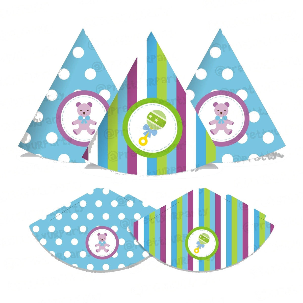Purple and Green baby shower Hats - Pack of 10