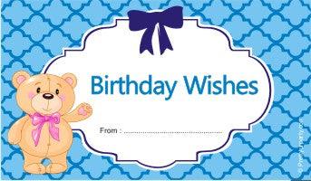 Custom Best Wishes Birthday Blue with Teddy PERSONALISED Pretty UR Party Flat, Non Folded 270 GSM Glossy 50 Best Wishes Cards