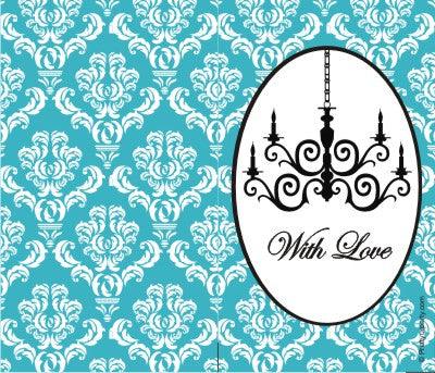 Custom Best Wishes Blue Damask Chandelier PERSONALISED Pretty UR Party Flat, Non Folded 270 GSM Glossy 50 Best Wishes Cards